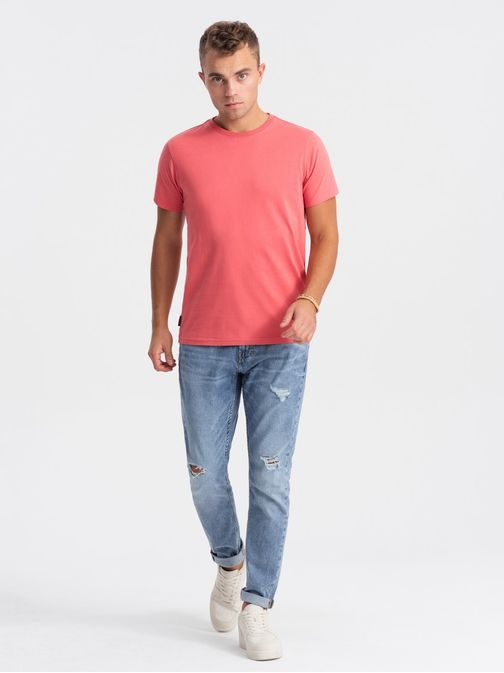 Bavlněné klasické růžové tričko s krátkým rukávem V11 TSBS-0146