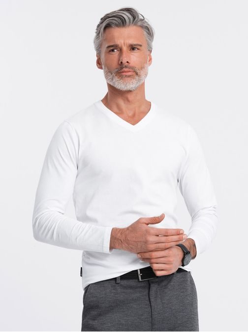 Bílé tričko s dlouhým rukávem a výstřihem do V V3 LSBL-0108