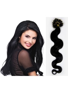 KERATIN- 100% Lidské vlasy k prodloužení REMY, černá 45cm- vlnité 100pramenů- VÝPRODEJ