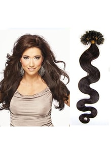 KERATIN- 100% Lidské vlasy k prodloužení REMY, tmavě hnědá 45cm- vlnité 100pramenů- VÝPRODEJ