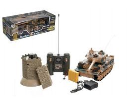 Tank RC plast 33cm + otočná věž na baterie+dobíjecí pack se zvukem a světlem v krabici 51x17x19cm