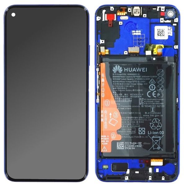 Honor 20 / Huawei Nova 5T LCD displej dotykové sklo včetně rámečku a baterie YAL-L21 modrý (Service Pack)