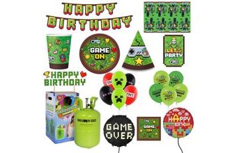 Dětská narozeninová sada Minecraft - Pixel s balónky a heliem - 10 osob