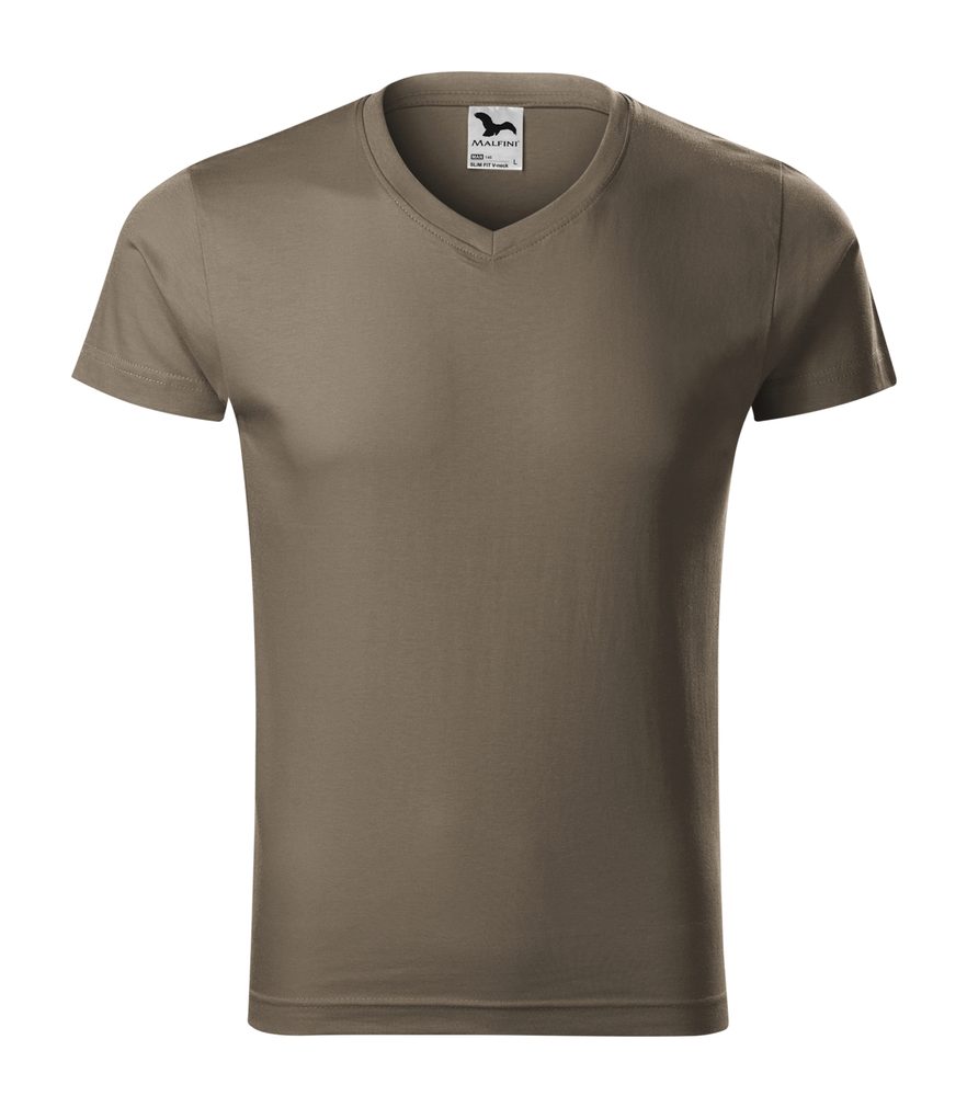 MALFINI Pánské tričko Slim Fit V-neck - Army | XXL