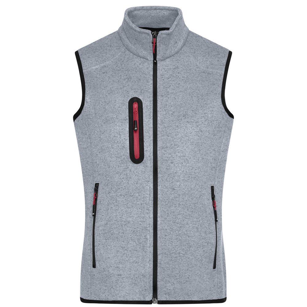 James & Nicholson Pánská vesta z pleteného fleecu JN774 - Světle šedý melír / červená | XXL