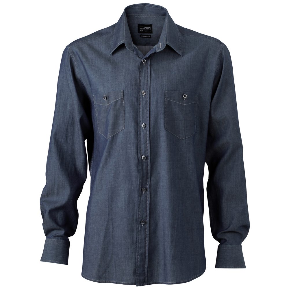 James & Nicholson Pánská džínová košile JN629 - Tmavý denim | XXXL