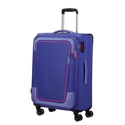 Stredne veľký rozšíriteľný textilný cestovný kufor Pulsonic od značky American Tourister na štyroch kolieskach vybavený TSA zámkom v hravom modernom dizajne.