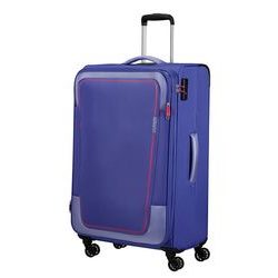 Veľký rozšíriteľný textilný cestovný kufor Pulsonic od značky American Tourister na štyroch kolieskach vybavený TSA zámkom v hravom modernom dizajne.