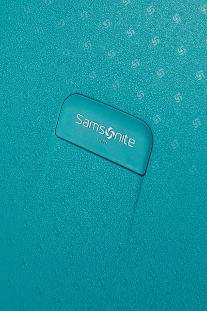 Designové logo značky Samsonite na přední straně kufru SAMSONITE, DESIGNOVÉ LOGO ZNAČKY SAMSONITE NA PŘEDNÍ STRANĚ KUFRU - SKOŘEPINOVÉ KUFRY - CESTOVNÍ KUFRY A TAŠKY