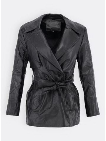 Dámska koženková bunda s opaskom čierna