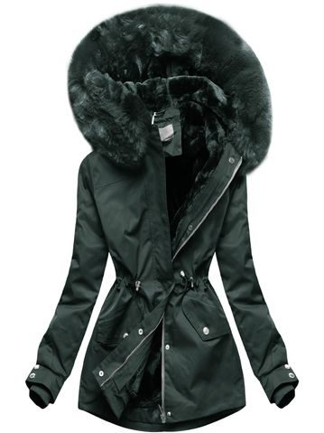 Dámska zimná bunda s kožušinou tmavozelená