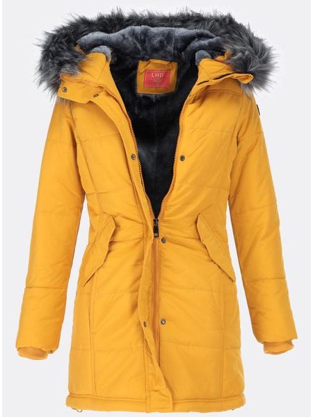 Dámská zimní bunda s kožešinovou podšívkou žlutá