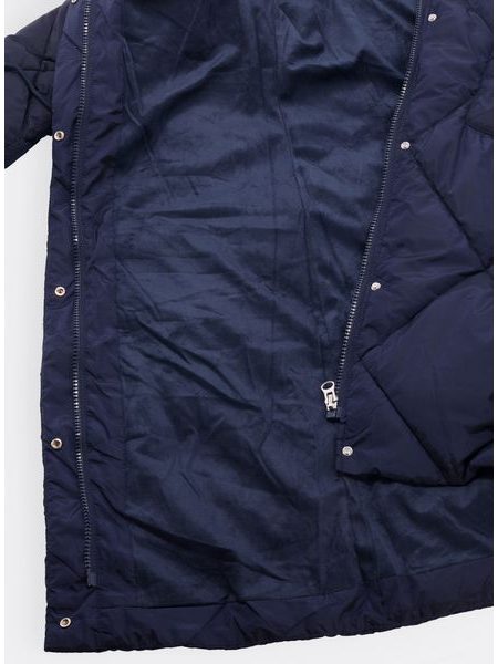 Dámská dlouhá prošívaná bunda s kapucí tmavě modrá