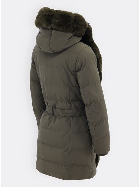 Dámska zimná bunda s kožušinou a opaskom tmavozelená