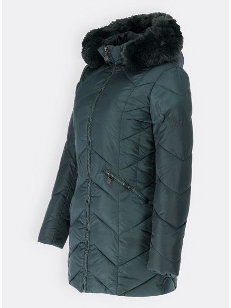 Dámska prešívaná zimná bunda s kapucňou tmavozelená