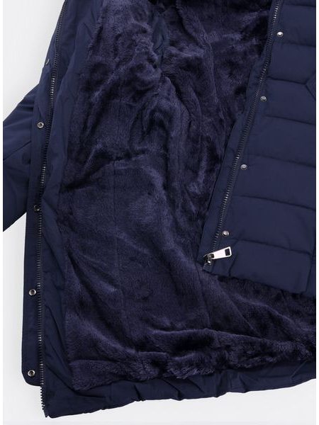 Dámska prešívaná zimná bunda s opaskom tmavomodrá