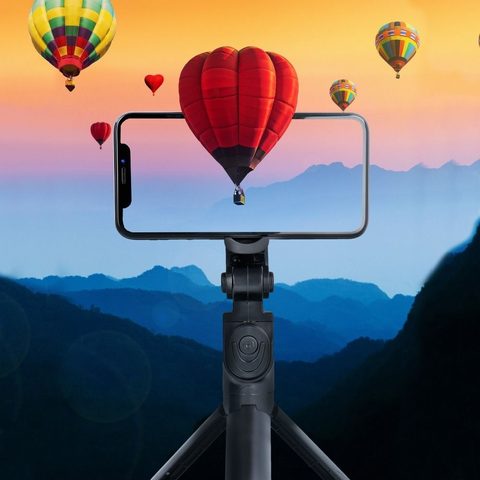 Selfie tyč s tripodem a dálkovým ovládáním na bluetooth černá SSTR-12