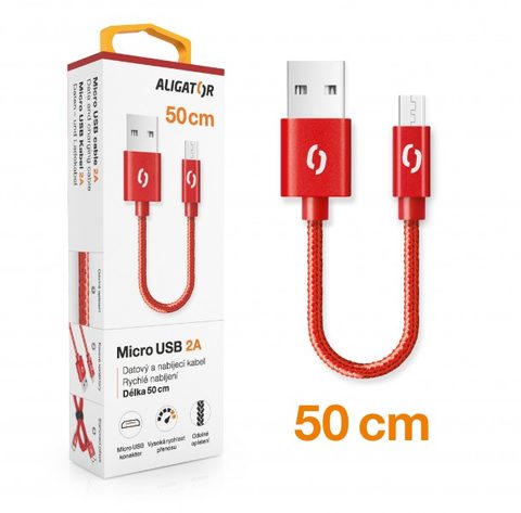 Datový kabel USB / Micro USB 0,5m červený nylon - Aligátor