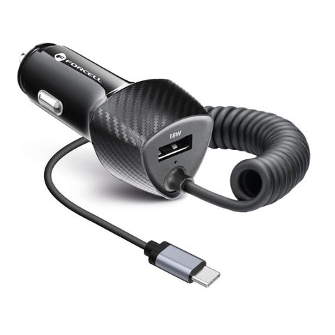 Autonabíječka USB QC 3.0 18W + kabel Type C 3.0 PD20W CC50-1AC černá(Celkem 38W) - FORCELL CARBON