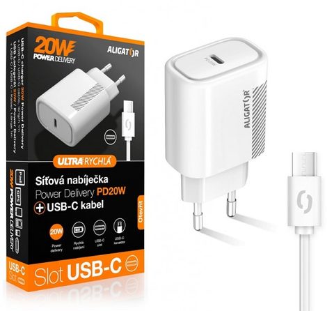 Síťová nabíječka 20W, USB-C, bílá, USB-C/USB-C kabel Aligator