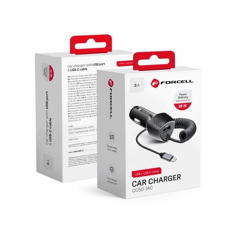 Autonabíječka USB QC 3.0 18W + kabel Type C 3.0 PD20W CC50-1AC černá(Celkem 38W) - FORCELL CARBON