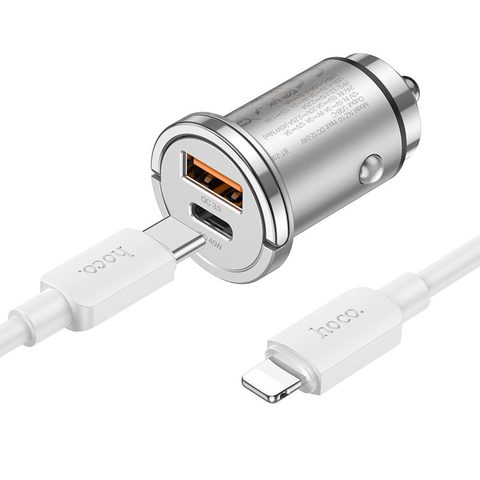 Nabíječka do auta 2 x USB QC3.0 18W + Typ C PD 45W kabel Typ C pro Iphone Lightning 8pin Handy NZ10 stříbrný - HOCO