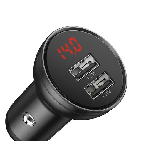 Nabíječka do auta 2x USB-A s digitálním displejem 4,8A 24W šedá - Baseus