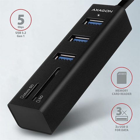 Rozbočovač / redukce  AXAGON HMA-CR3A, USB 3.2 Gen 1 hub, porty 3x USB-A + čtečka karet SD/microSD, kovový, kabel USB-A 20