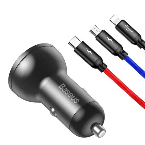 Nabíječka do auta 2x USB-A s 3v1 nabíjecím kabelem (Micro, Lightning, USB-C) černá - Baseus
