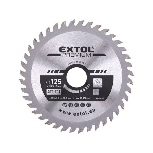 EXTOL PREMIUM KOTOUČ PILOVÝ S SK PLÁTKY, O125X2,2X22,2MM, 40T, 8803207 - ŘEZNÝ KOTOUČ NA DŘEVO PRO BRUSKY{% if zbozi.kategorie.adresa_nazvy[0] != zbozi.kategorie.nazev %} - PŘÍSLUŠENSTVÍ{% endif %}