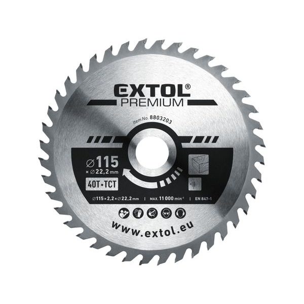 EXTOL PREMIUM KOTOUČ PILOVÝ S SK PLÁTKY, O 115X2,2X22,2MM, 40T, 8803203 - ŘEZNÝ KOTOUČ NA DŘEVO PRO BRUSKY{% if zbozi.kategorie.adresa_nazvy[0] != zbozi.kategorie.nazev %} - PŘÍSLUŠENSTVÍ{% endif %}