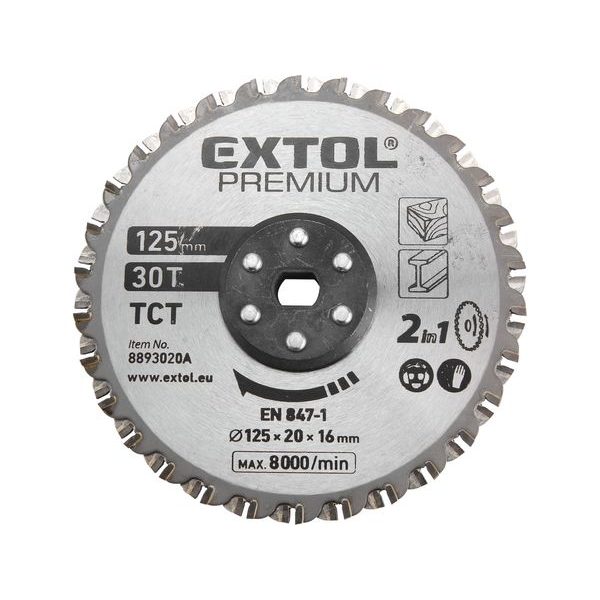 EXTOL PREMIUM KOTOUČ ŘEZNÝ, NA KOV A DŘEVO, 125X20X16MM, 30T, 8893020A - PRO PILY EXTOL{% if zbozi.kategorie.adresa_nazvy[0] != zbozi.kategorie.nazev %} - NÁHRADNÍ DÍLY{% endif %}