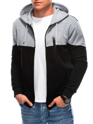 Edinstven dvobarvni pulover s kapuco črn/siv B1612
