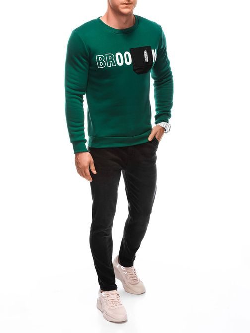 Brezčasen zelen pulover z izrazitim  napisom in žepom B1619