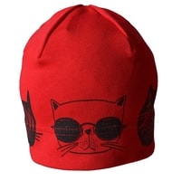 Jarné / Jesenné úpletová čiapka s paspulkou a potlačou mačky 30042730 červená