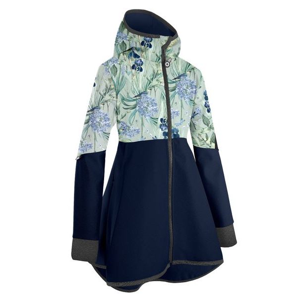 Unuo, Dívčí softshellový kabát s fleecem Romantico, Tm. Modročerná, Ptáčci s kosatci