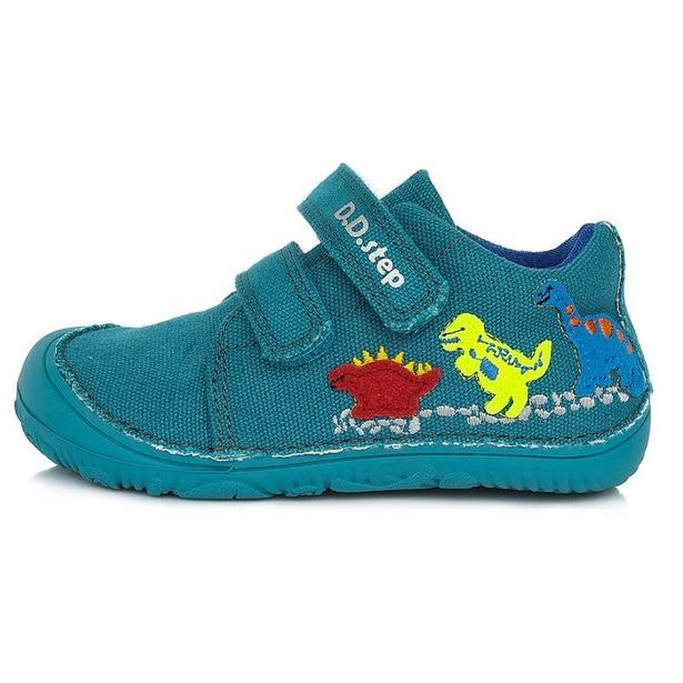 DDstep dětské plátěné BAREFOOT boty modré s dinosaury