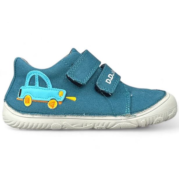 DDstep dětské plátěné BAREFOOT boty - Modré s autíčkem
