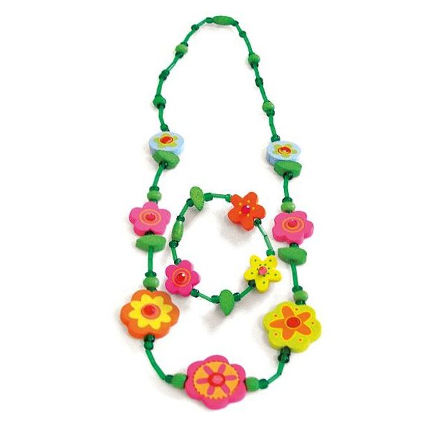 Set 6ks - Souprava náhrdelník a náramek - Zelený s květinami
