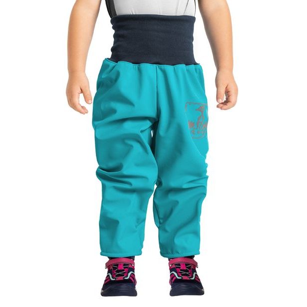 Unuo, Batolecí softshellové kalhoty s fleecem, Smaragdová + reflexní obrázek Evžen (Softshell toodler trousers)