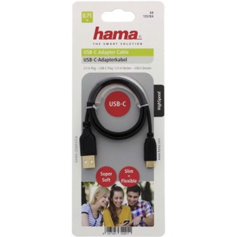 HAMA USB-C KABEL FLEXI-SLIM, TYP A VIDLICE - TYP C VIDLICE, 0,75 M, ČERNÝ