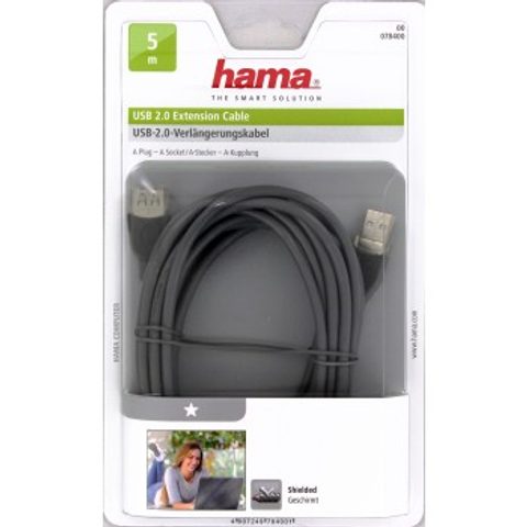 HAMA USB KÁBEL TYP A-A, PREDLŽOVACÍ, 5M, ŠEDÝ, BLISTER