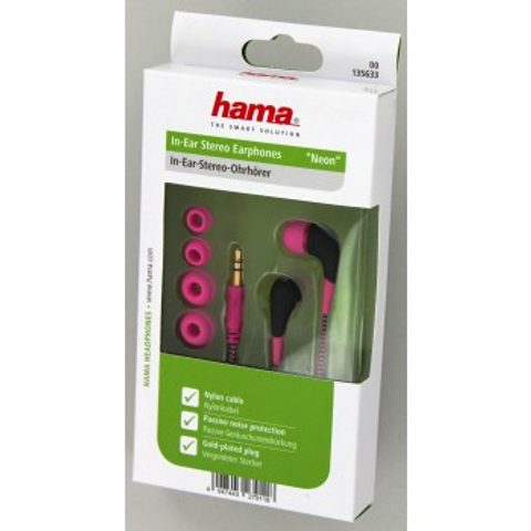 HAMA SLÚCHADLÁ NEON, SILIKÓNOVÉ ŠTUPLE, OPLETENÝ KÁBEL, RUŽOVÉ
