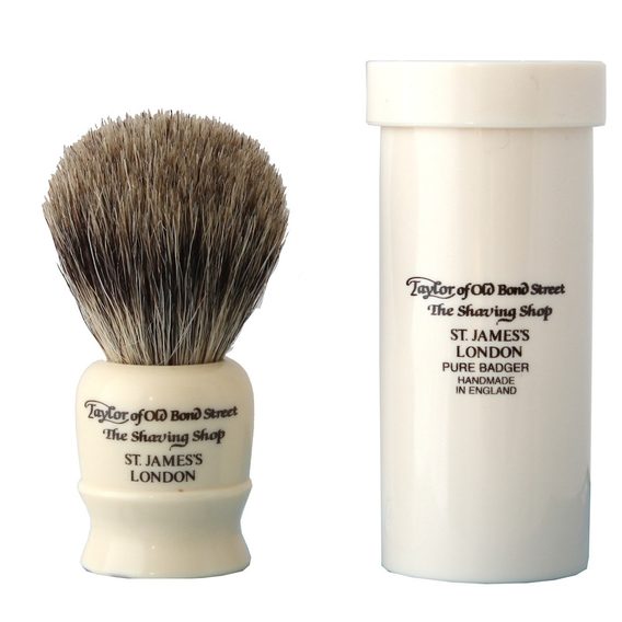 Perie pentru bărbierit de voiaj Taylor of Old Bond Street cu peri de bursuc (pure badger, albă)