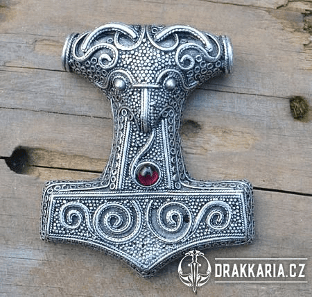 THOROVO KLADIVO - MJÖLNIR, POSTŘÍBŘENÝ AMULET, GRANÁT