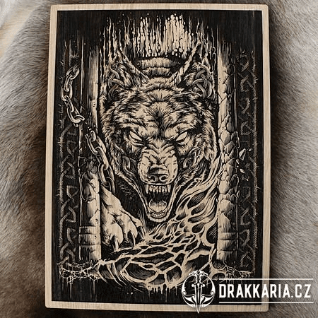 FENRIR - VLK ZBAVENÝ ŘETĚZŮ NÁSTĚNNÁ DEKORACE, DŘEVO 32X46CM