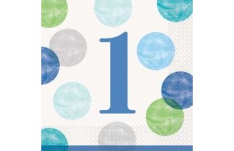 Ubrousky 1. narozeniny modré s puntíky 16 ks