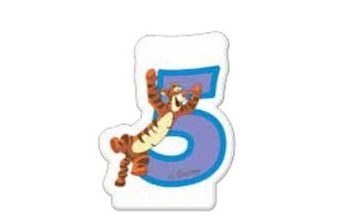 Medvídek Pú dortová svíčka bílá s modrým číslem 5 a s tygříkem