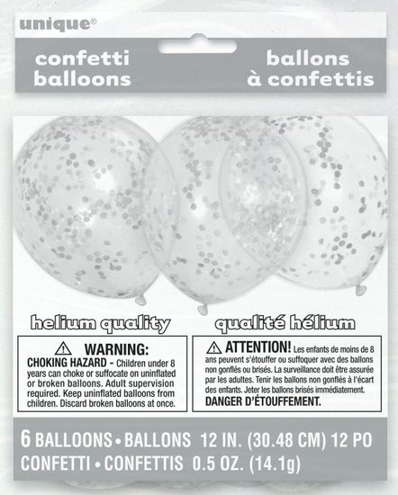 Balónky 6 ks 30 cm - průhledné s konfety stříbrnými