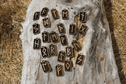 WOODEN RUNES SET - FUTHARK, 24 PIECES OF PENDANTS AND POUCH - RUNES